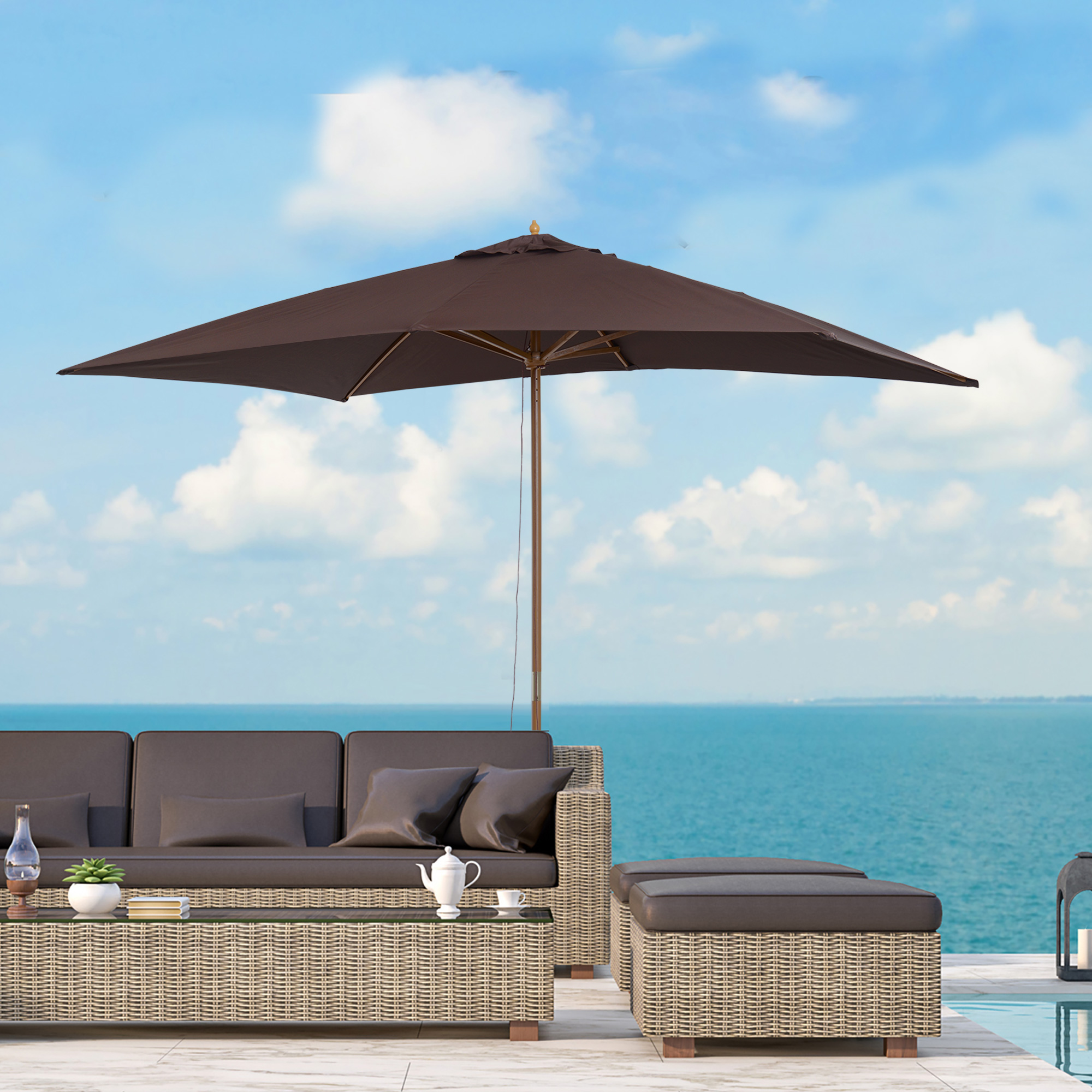 Guarda-sol de jardim Outsunny 2x3x2,5m em madeira com cobertura ventilada e manivela, impermeável, ideal para pátio, varanda e áreas externas, cor café.