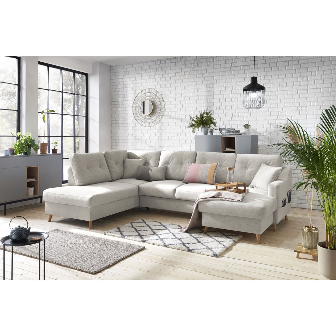 Bobochic Canapé d'angle panoramique convertible droit Sweden lin beige - 300x149/90/198x95 cm