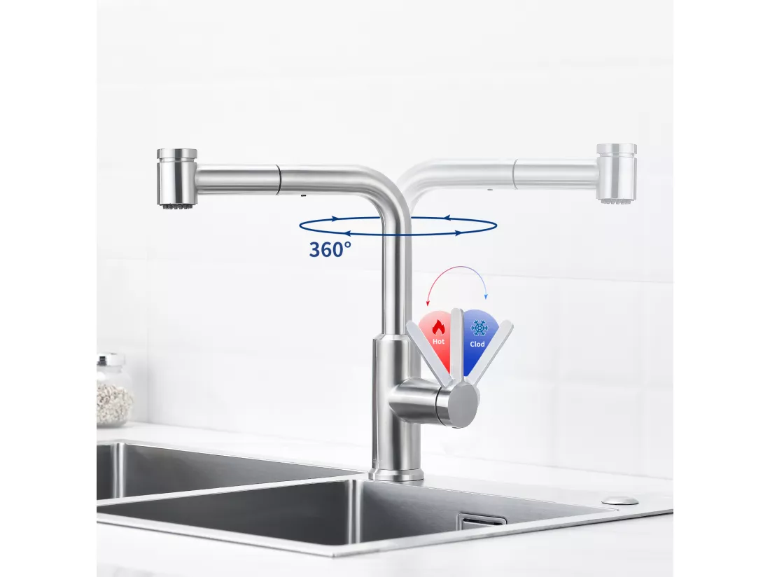 CECIPA MAX Mitigeur de Cuisine avec Douchette Extractible, Robinet d'évier Brossé, Robinet d'eau Chaude et Froide, 2 Modes de Sortie D'eau