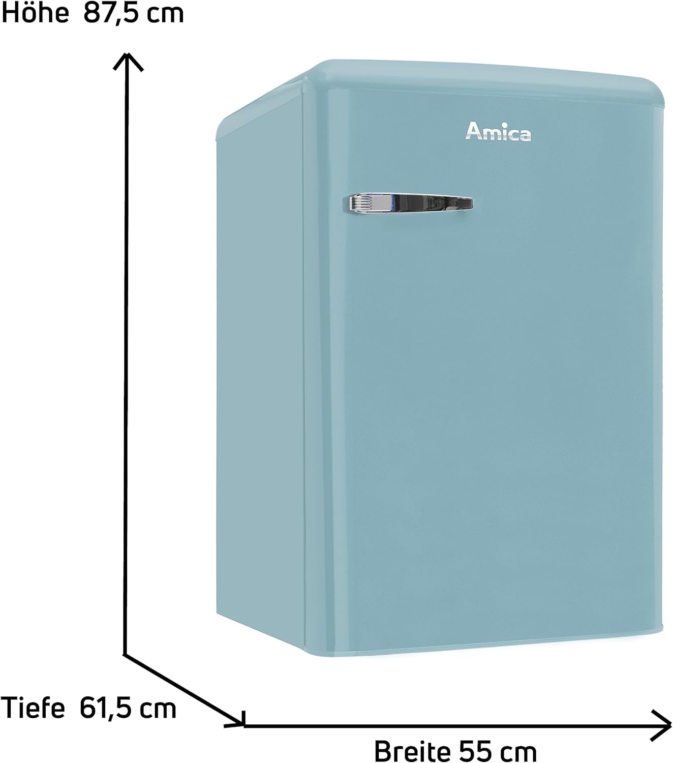 Amica VKS 15622-1 T Retro Vollraum-Kühlschrank / Ice Blue / 88cm (H) x 55cm (B) x 62cm (T) / Retro-Design / Mini-Kühlschrank