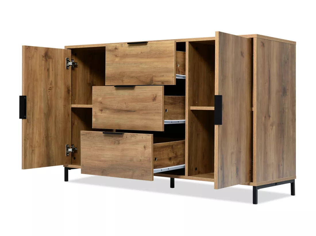 Commode 2 portes et 3 tiroirs, 120 x 40 x 76 cm, Panneaux de particules + métal, Chêne foncé