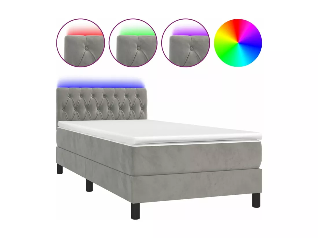 Sommier tapissier et matelas et LED Gris clair 90x190cm Velours