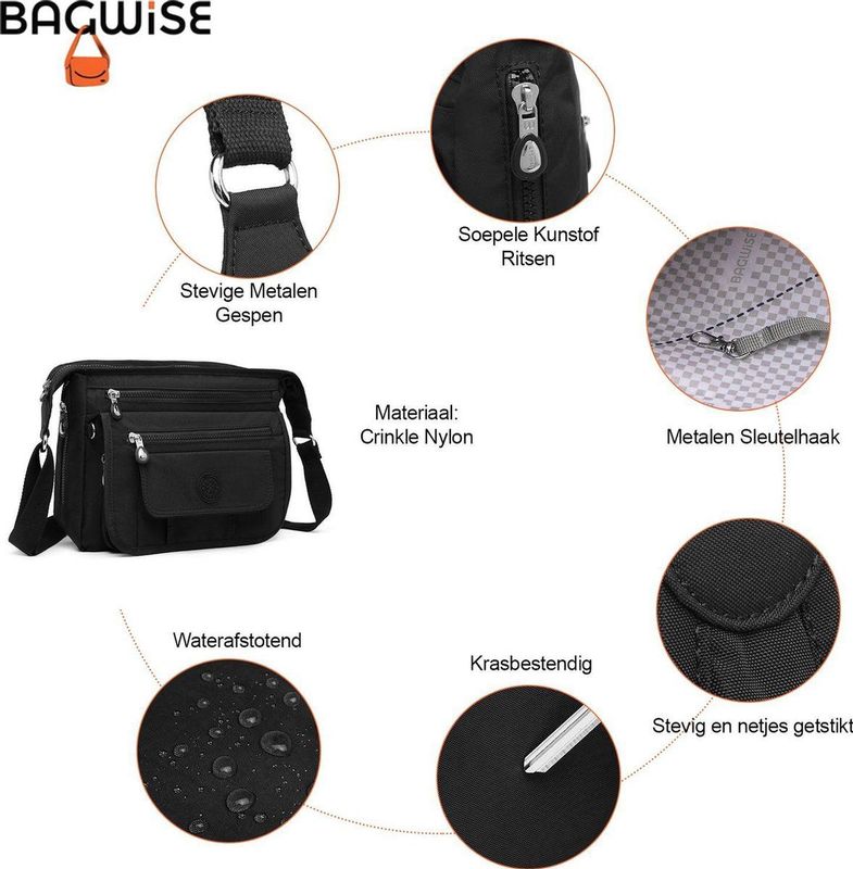 Bagwise - Crossbody Schoudertas - Zwart - Crinkle Nylon - Sportief