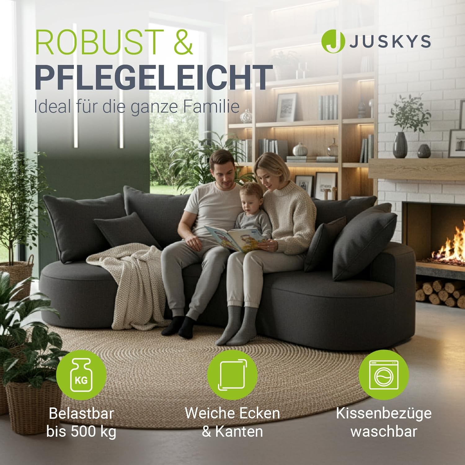 Juskys Sofa Tirano - Samt Grau, Ecksofa mit L-Form, mit Rücken- & Dekokissen, 4-Sitzer Eckcouch, Schaumstoff - Ottomane Links