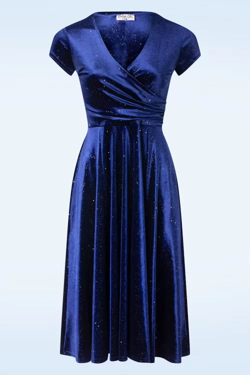Vintage Chic for Topvintage Abigail Glitter Velvet swing jurk in marineblauw