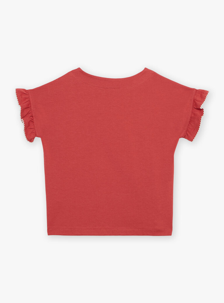 T-shirt rouge avec coquillage en sequins et petit sac fantaisie