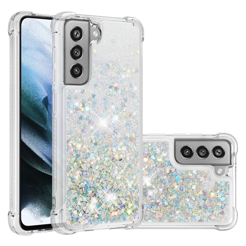 Samsung Galaxy S21 FE 5G Hardcase Hülle mit Air Cushion Fallschutz Liquid Case Glitzer Herzen - Silber / Transparent