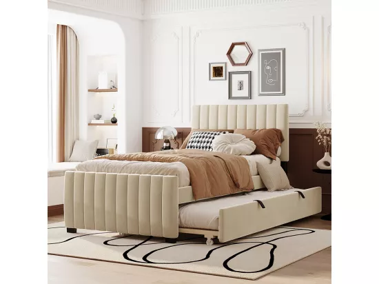 Lit gigogne 90x190 lit simple plat en velours doux pour la peau lit enfant Beige