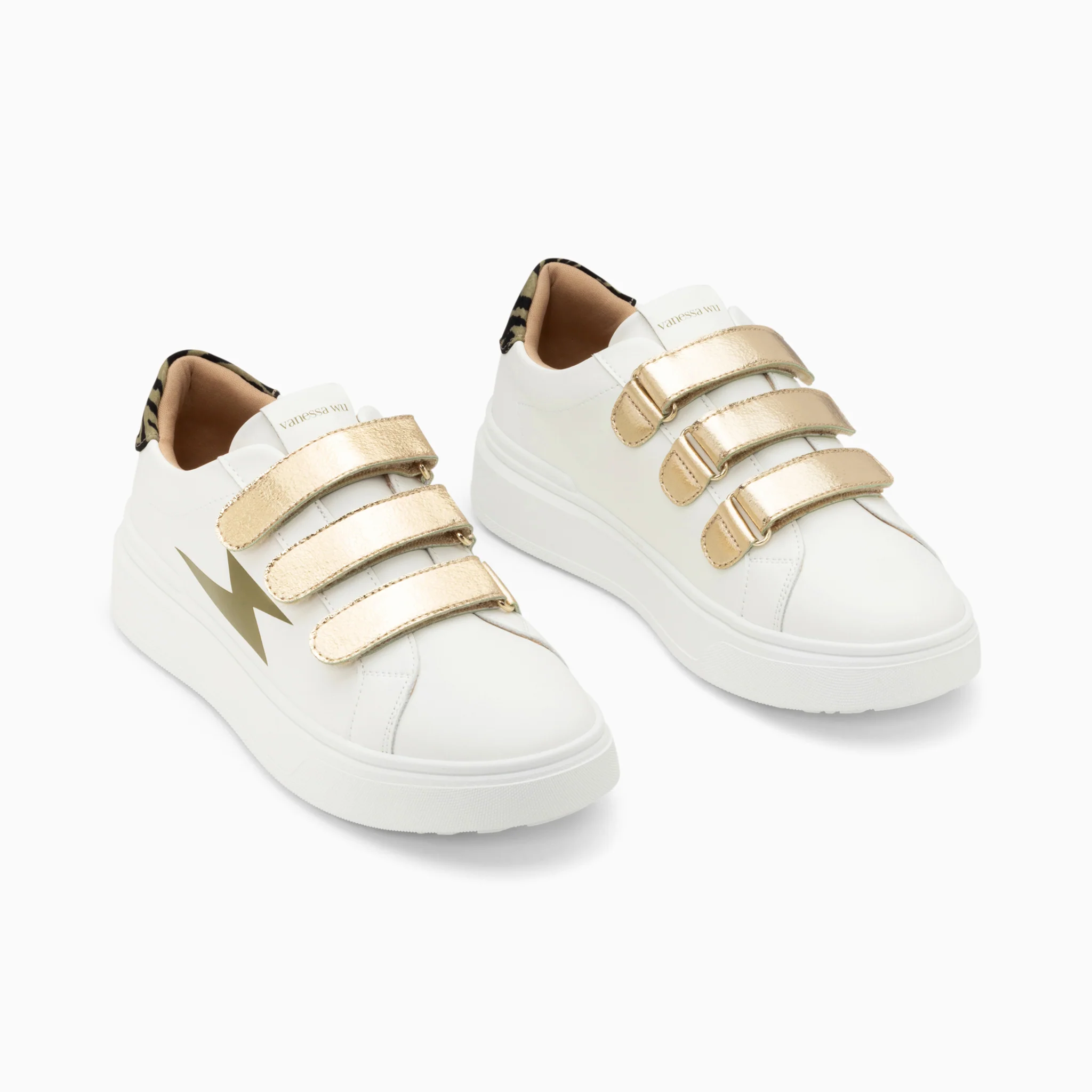 Sneakers-Baskets éclair Salomé blanc et kaki à scratchs or