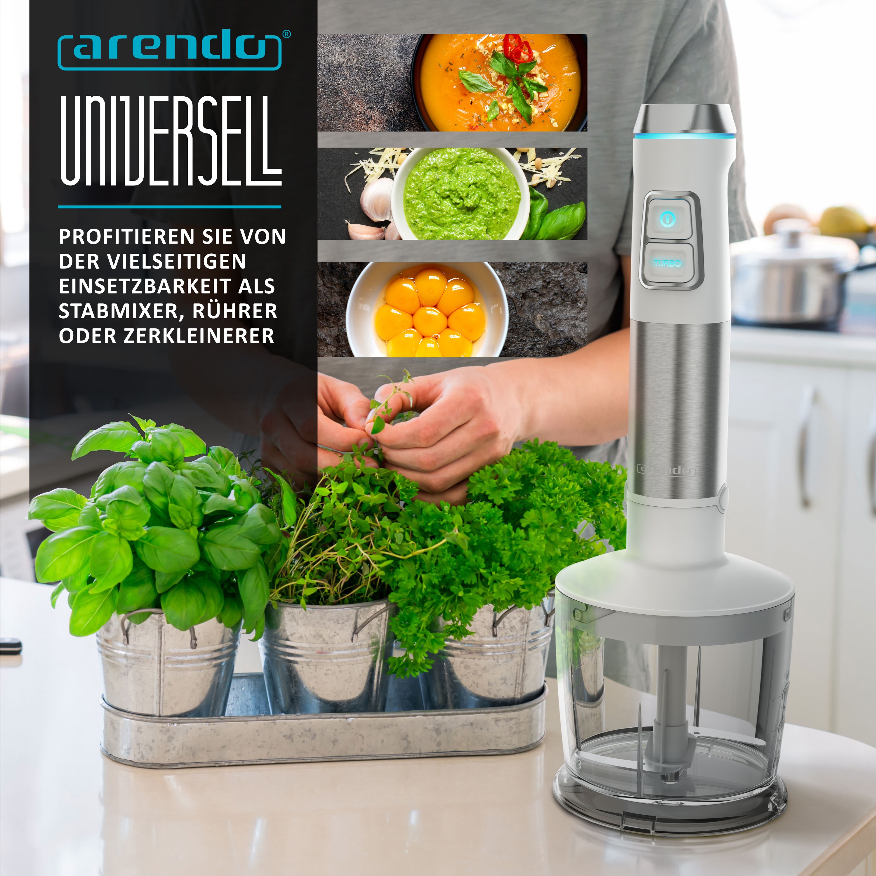 Arendo Stabmixer Edelstahl Set - Pürierstab - stufenlose Geschwindigkeit- 800 ml Messbecher