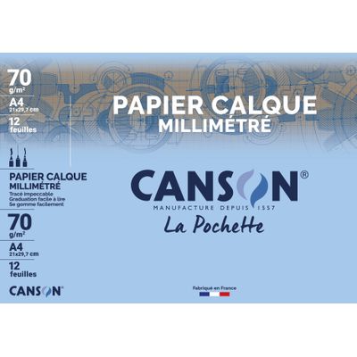 Canson - Pochette papier à dessin calque millimétré - 12 feuilles - A4 - 70/75G
