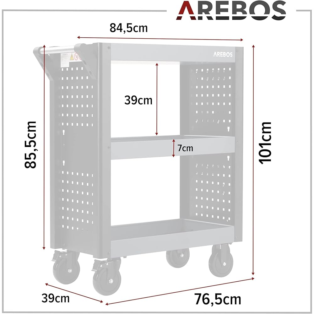 Arebos Chariot de Service 3 Compartiments | Chariot d'atelier | Chariot à Outils | Chariot pour Le Transport et Le Stockage | Chariot à Plateaux Multifonctions | 3 Plateaux : Commerce, Industrie et Science