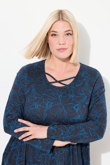 Jersey-Midikleid, A-Linie, Zierbänder, Rundhals, Langarm
