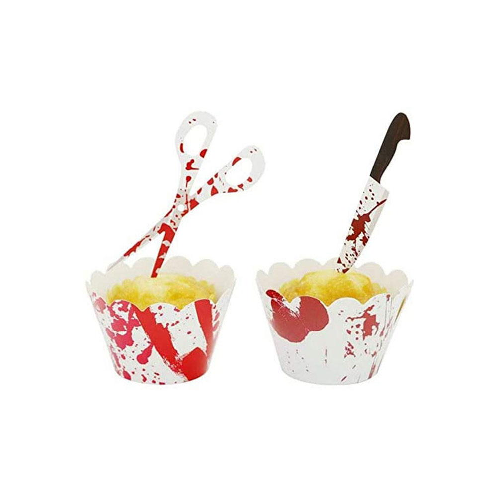 (23-tlg. Set) Halloween Kuchenstecker Grusel Tortenstecker Topper Deko   Cupcake Förmchen - Weiss / Rot