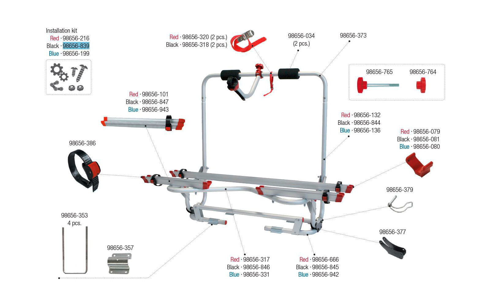 Fiamma Montagesatz passend für Carry Bike Caravan XL A Pro - Farbe Schwarz Fiamma Ersatzteilnummer 98656-839