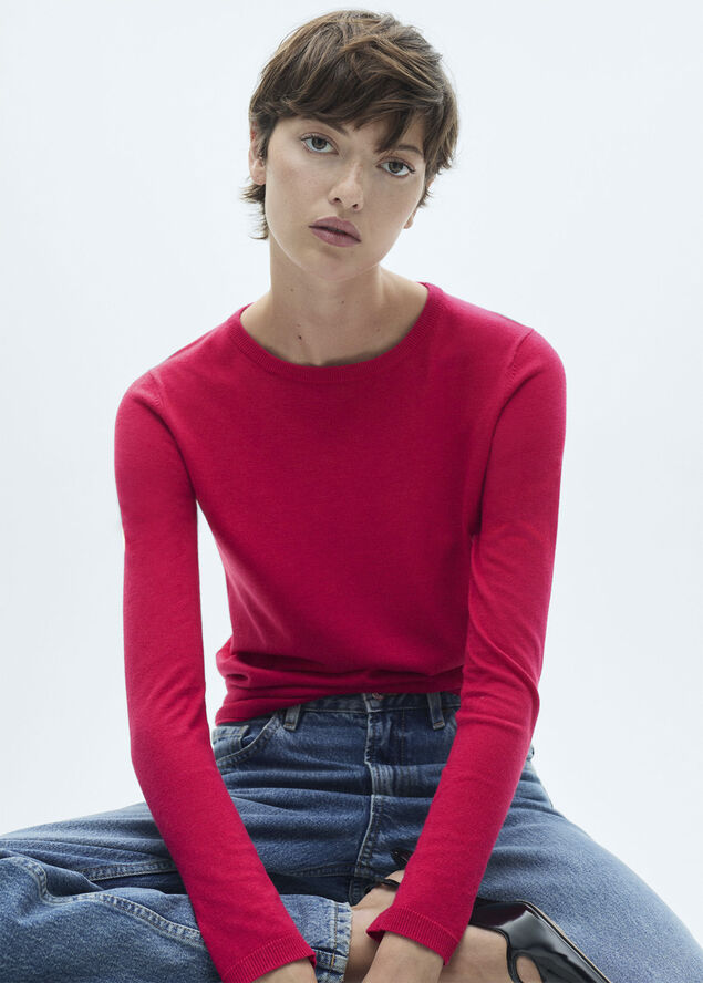 MANGO Fine-knit crew neck sweater Bright pink