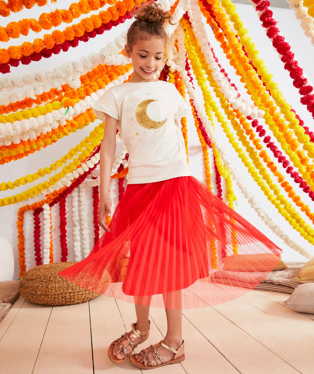 JUPE LONGUE FILLE ROUGE EN TULLE PLISSÉE