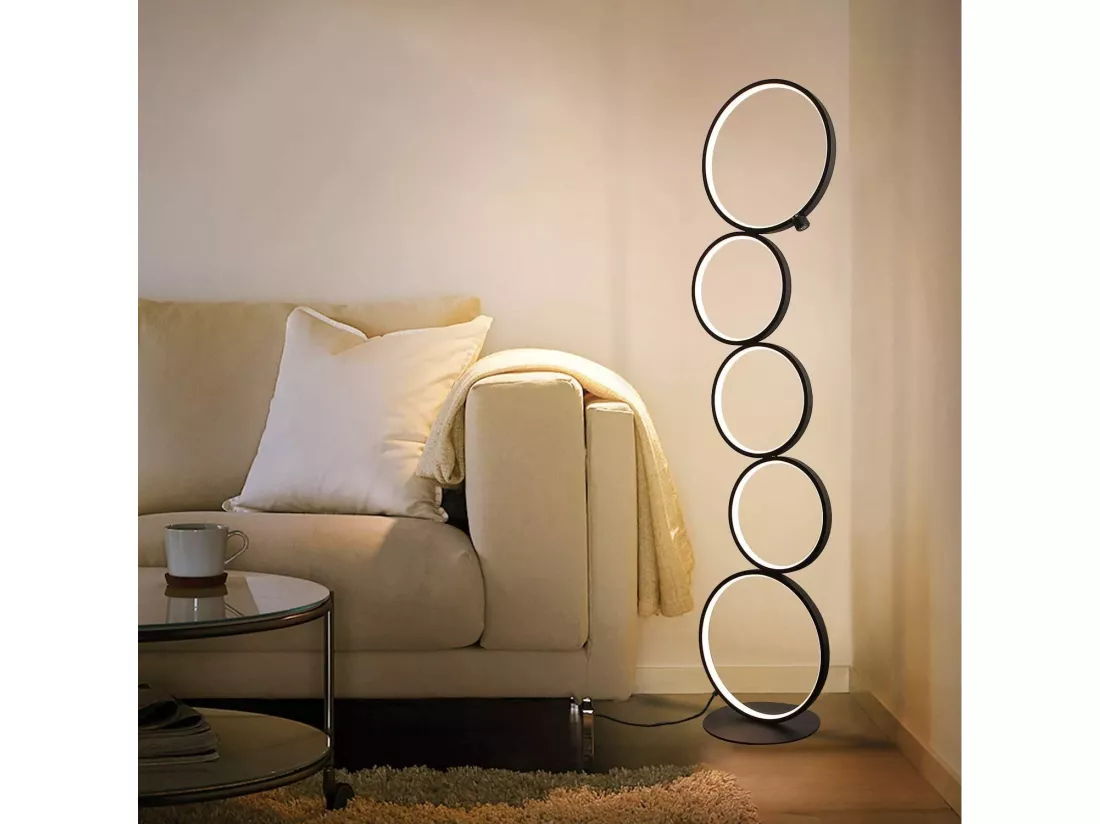 NETTLIFE Lampadaire Moderne LED Dimmable 32W Touch Switch Lampadaire Blanc Chaud 3000K Aluminium 5-flamme Anneau Noir Lampadaire