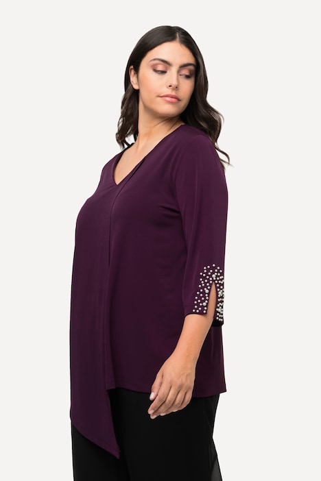 Bluse, Zierfalte, Perlen, A-Linie, V-Ausschnitt, 3/4-Arm