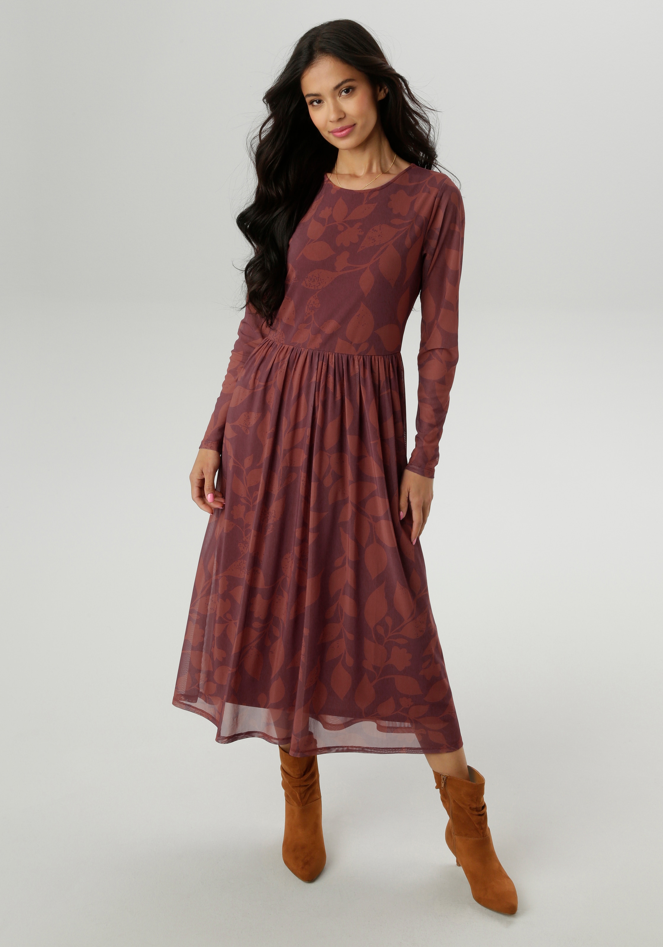 Aniston SELECTED Midikleid mit floralem Blättermuster in warmen Brauntönen - NEUE KOLLEKTION