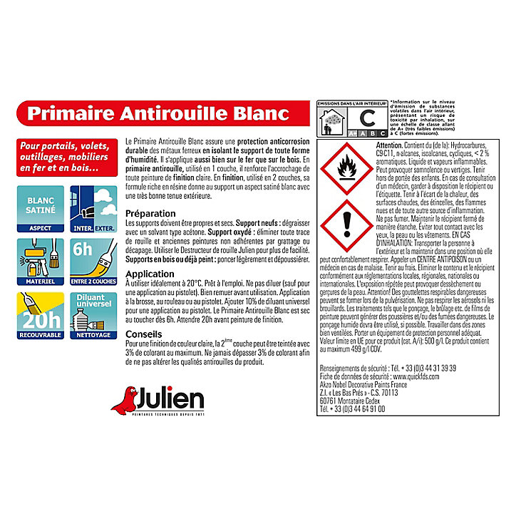 Peinture extérieure primaire antirouille Julien satin blanc 2,5L