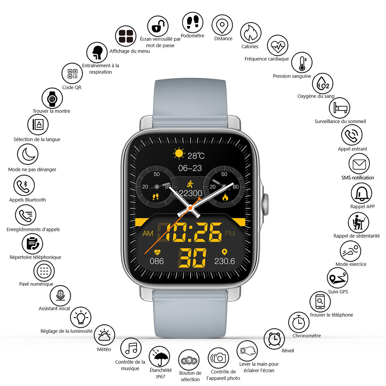 Onamaste Montre connectée multifonctions grise