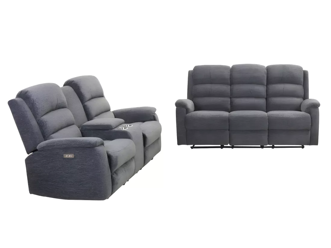 Canapés 3 places et 2 places relax électrique en tissu anthracite NEVERS
