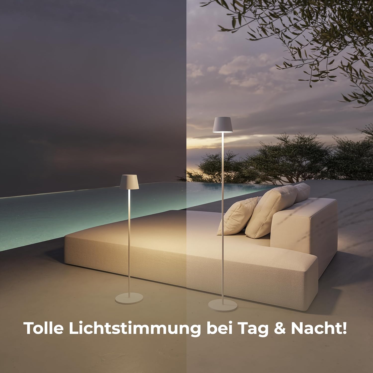NEONA® YAVA kabellose LED Stehleuchte (Akku, Touch-Dimmung) – höhenverstellbar 50 – 130 cm, warmweiß 2700 K, bis 10 Std. Laufzeit, IP54 wetterfest – Indoor & Outdoor (Weiß)