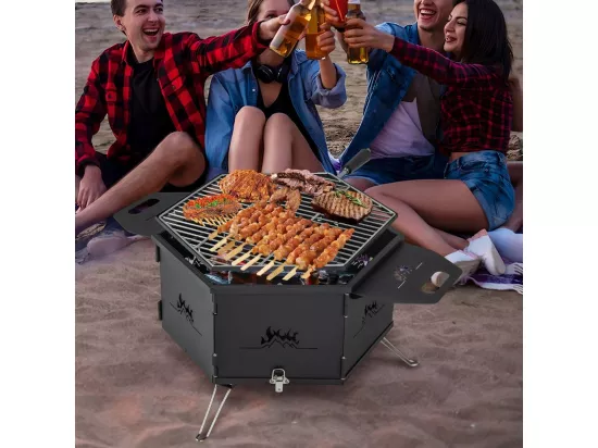 Barbecue de Charbon de Bois Portable avec Grille Rotative à 360°, Barbecue Portable avec Poignées Corps et Pieds Pliables, pour Pique-Nique, CamBoisg, Randonnée