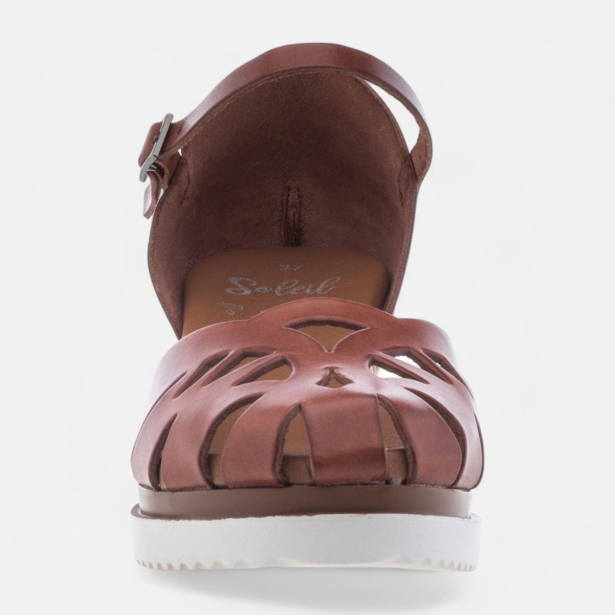 Sandales à talon compensé Femme en cuir cognac