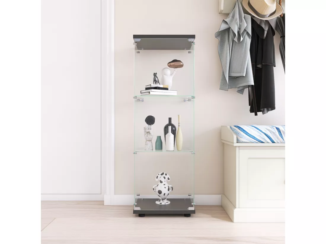 Vitrine en Verre - 3 étagères en Verre - bibliothèque à Poser au Sol pour Chambre à Coucher - Armoire Moderne en Bois avec Portes et Serrure - Noir