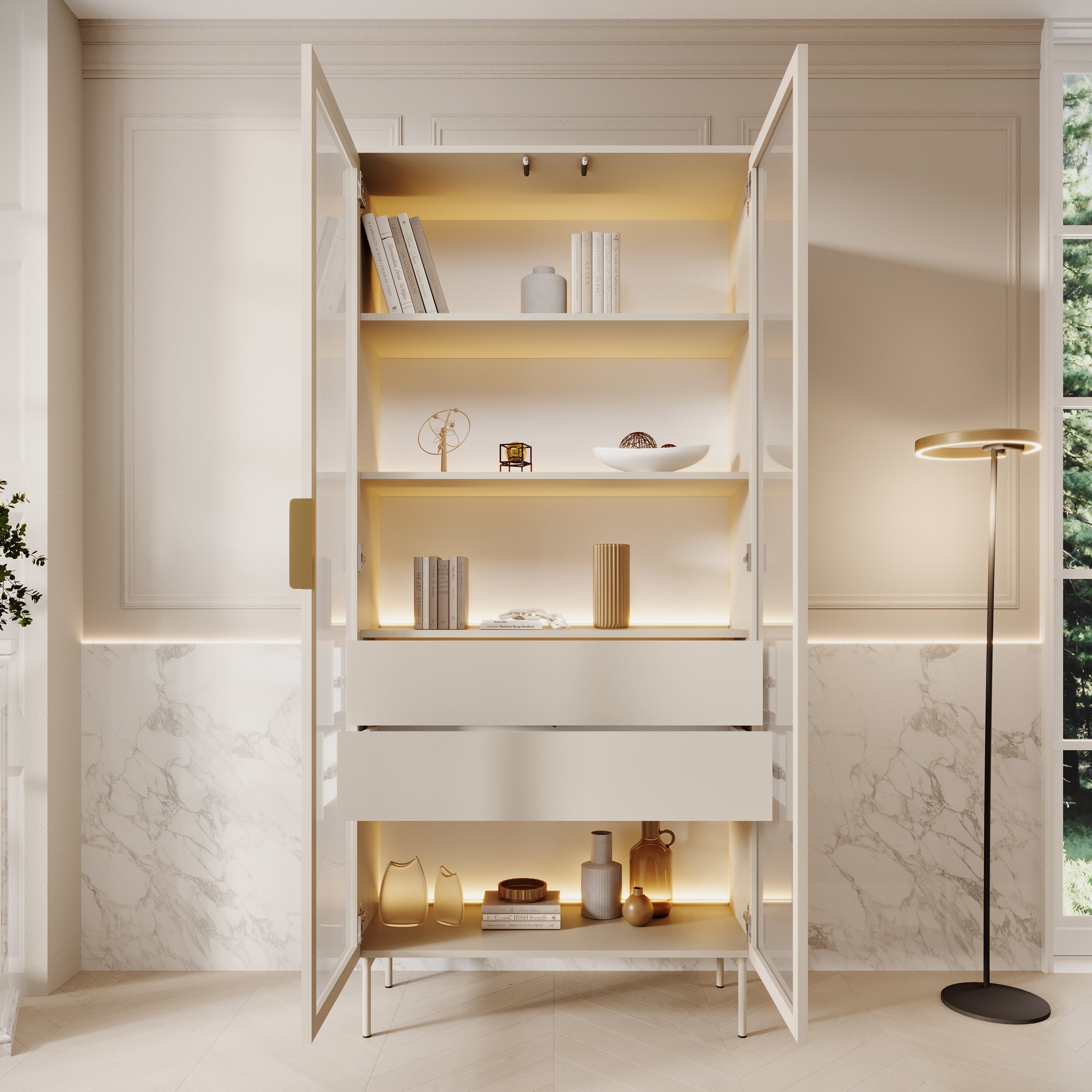 Meubella - Lomo - Vitrinekast - Beige - 92x39x195 cm