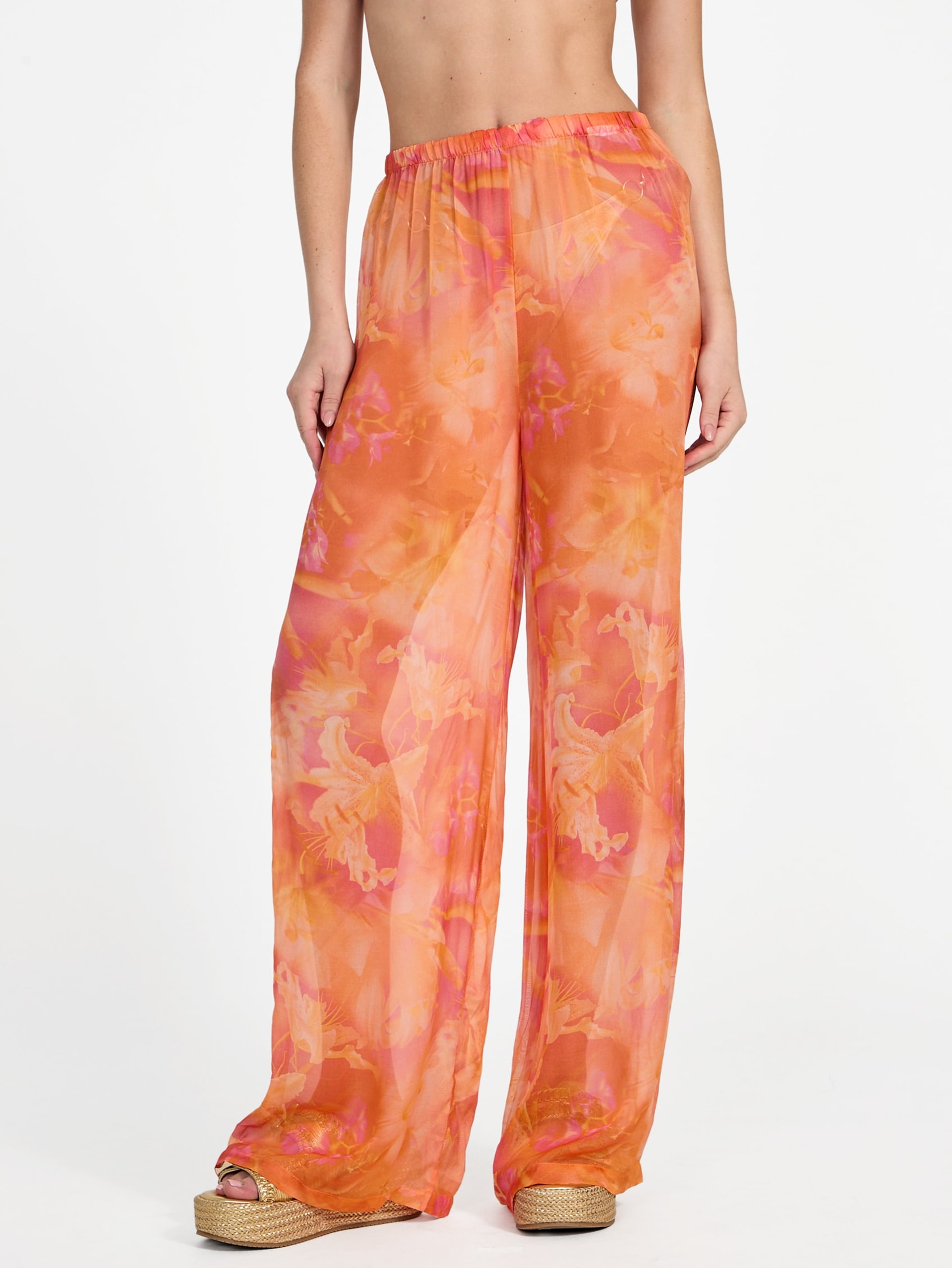 Calças de chiffon estampadas em mistura de seda