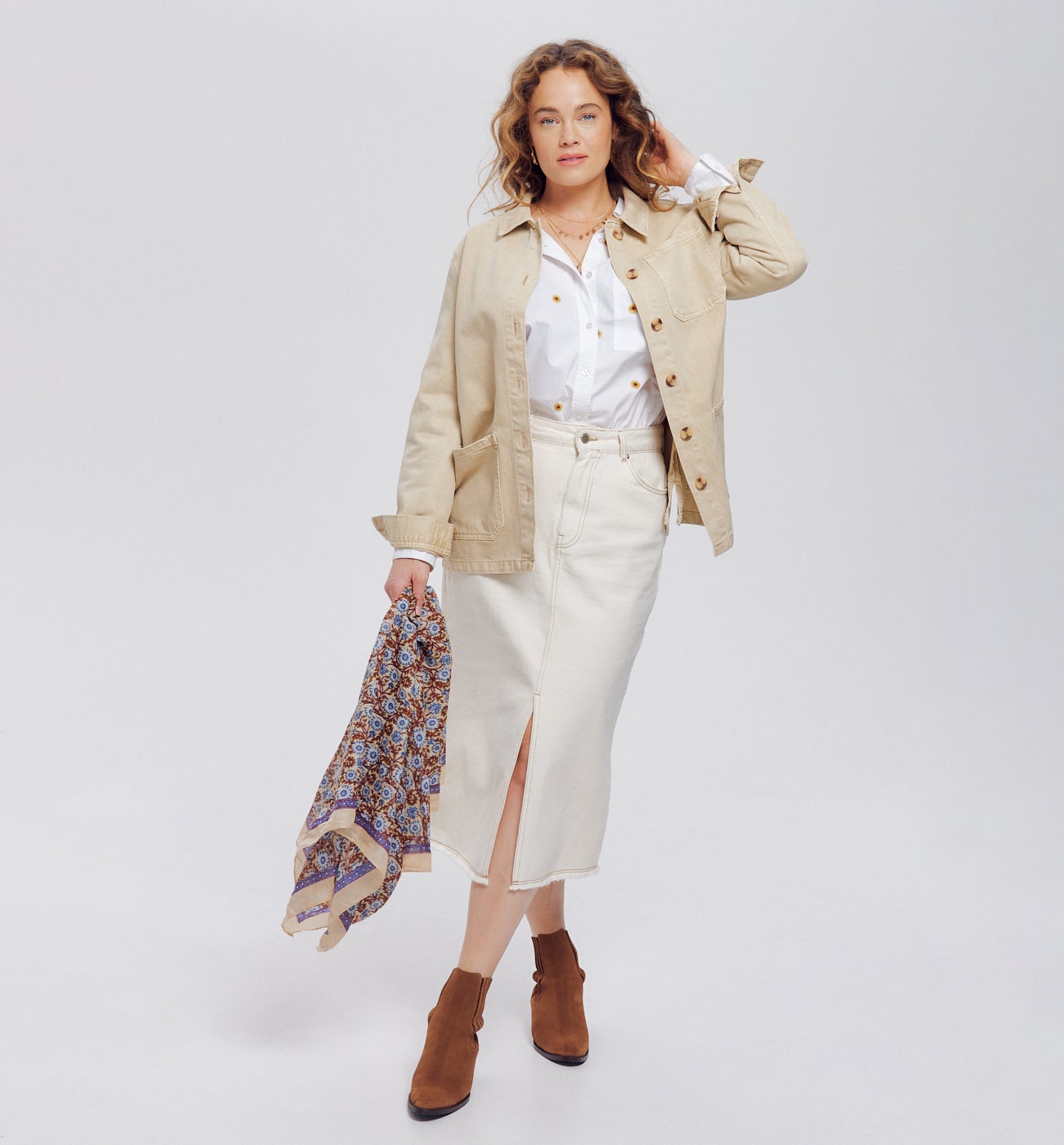 Jupe midi fendue en toile - Ecru