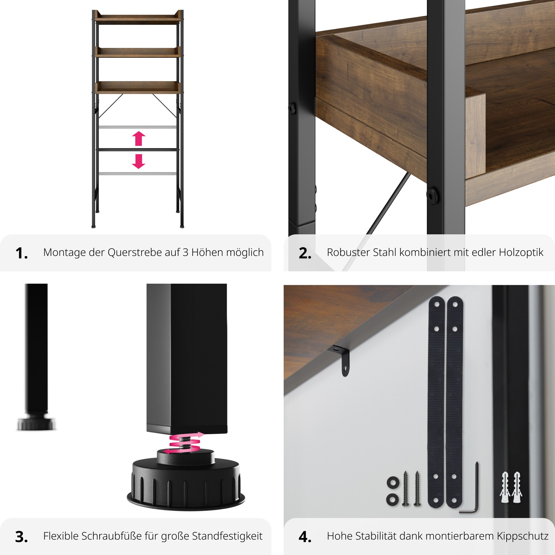 tectake® Badezimmerregal, Industrial Style, mit 3 Ablagen, inklusive Kippschutz