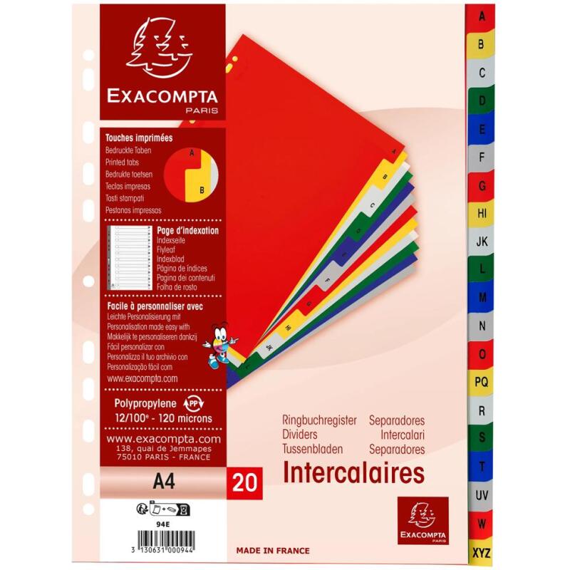 Intercalaires imprimés alphabétiques PP couleurs 12/100 AZ - A4 - Couleurs assorties