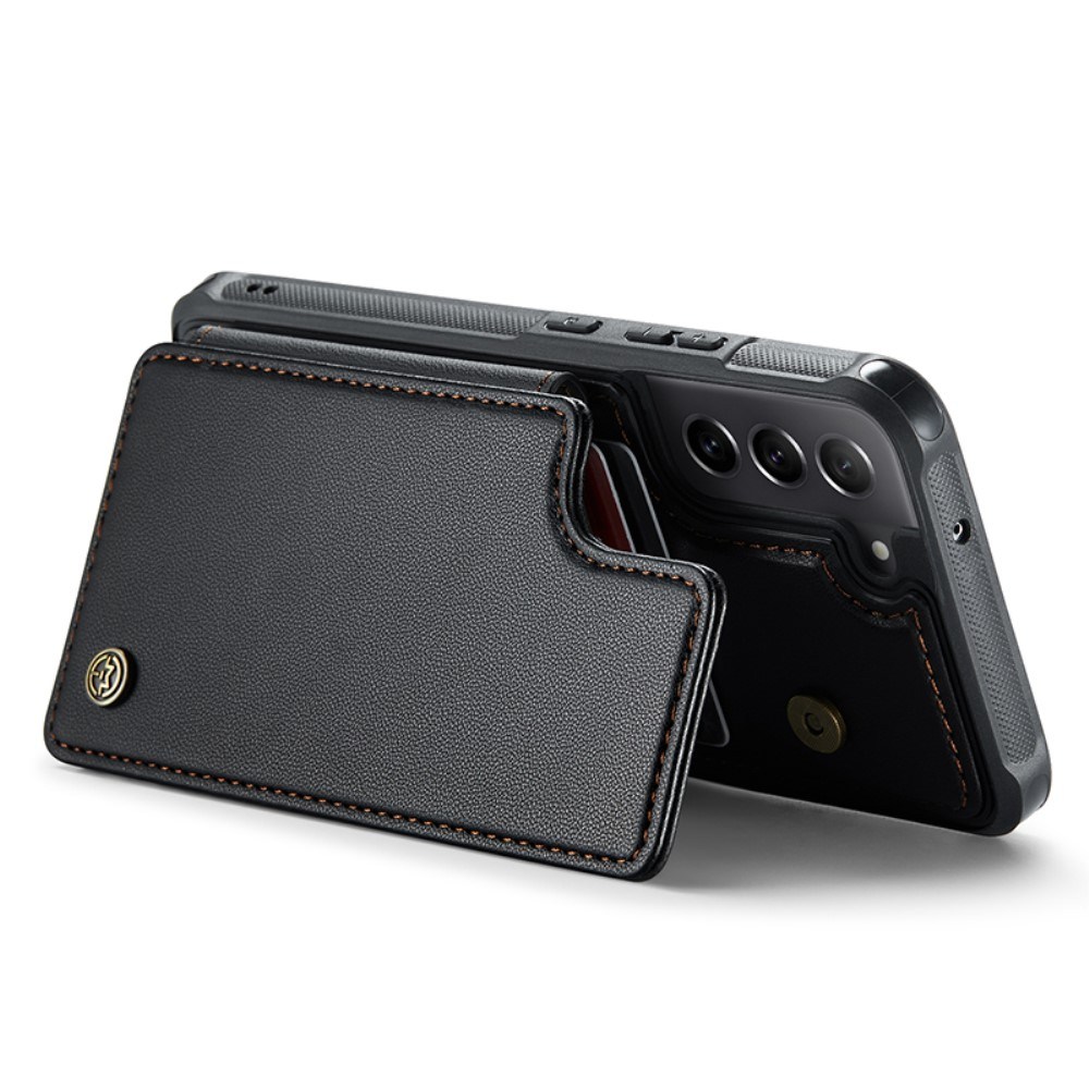 Samsung Galaxy S21 FE 5G Leder Hülle mit Kartenfächern im Litchi Look   Kickstand (RFID Schutz) - Schwarz