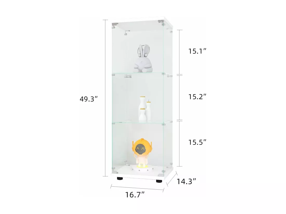 Vitrine en verre debout 46 x 36 x 125 cm, vitrine à 3 couches, moderne, en verre, pour objets de collection, livres, vin, blanc, 42 x 36 x 125 cm
