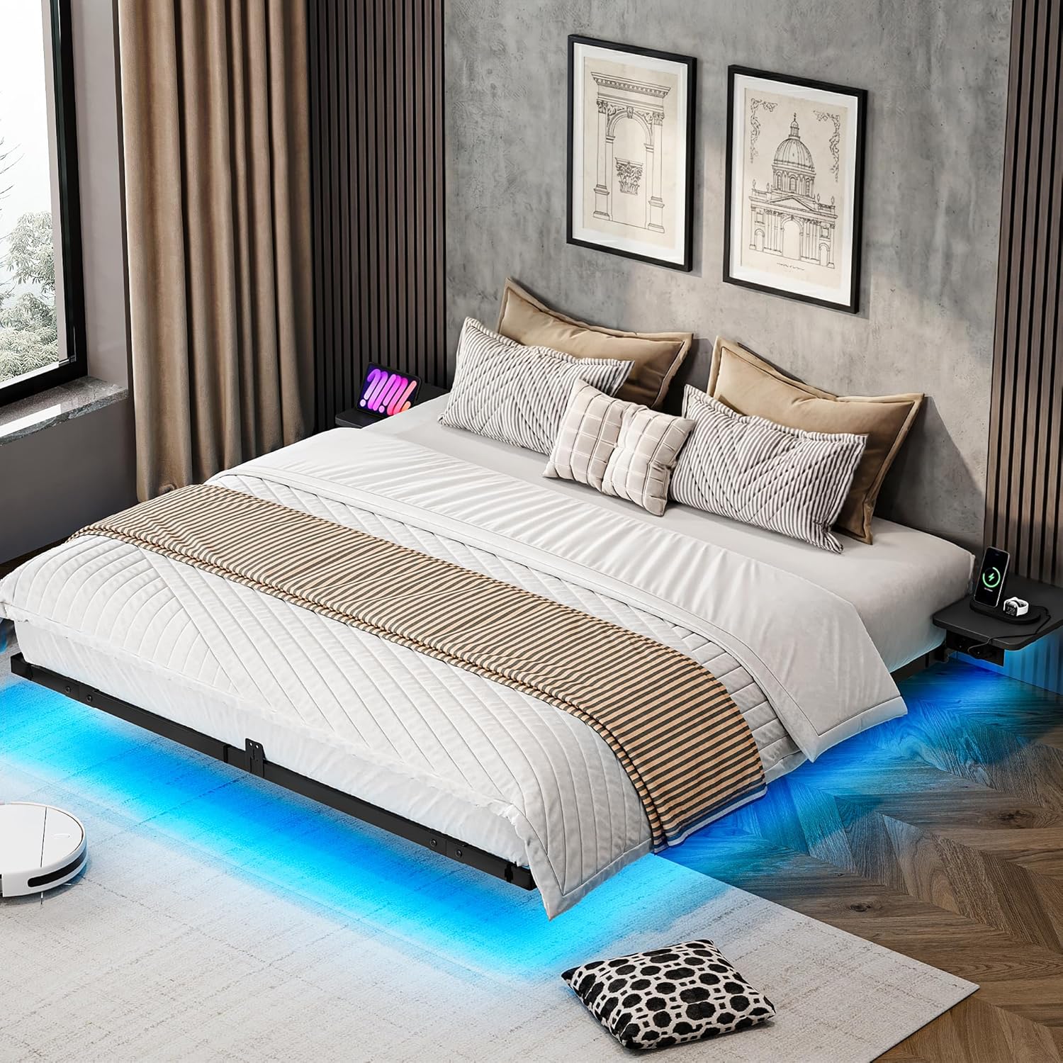 YITAHOME Bettgestell LED-Beleuchtung USB-Ladestation Schnittstelle Type-C schwebendes Design Metallrahmen Stoffbezug in ohne Matratze 180X200CM JI1687531