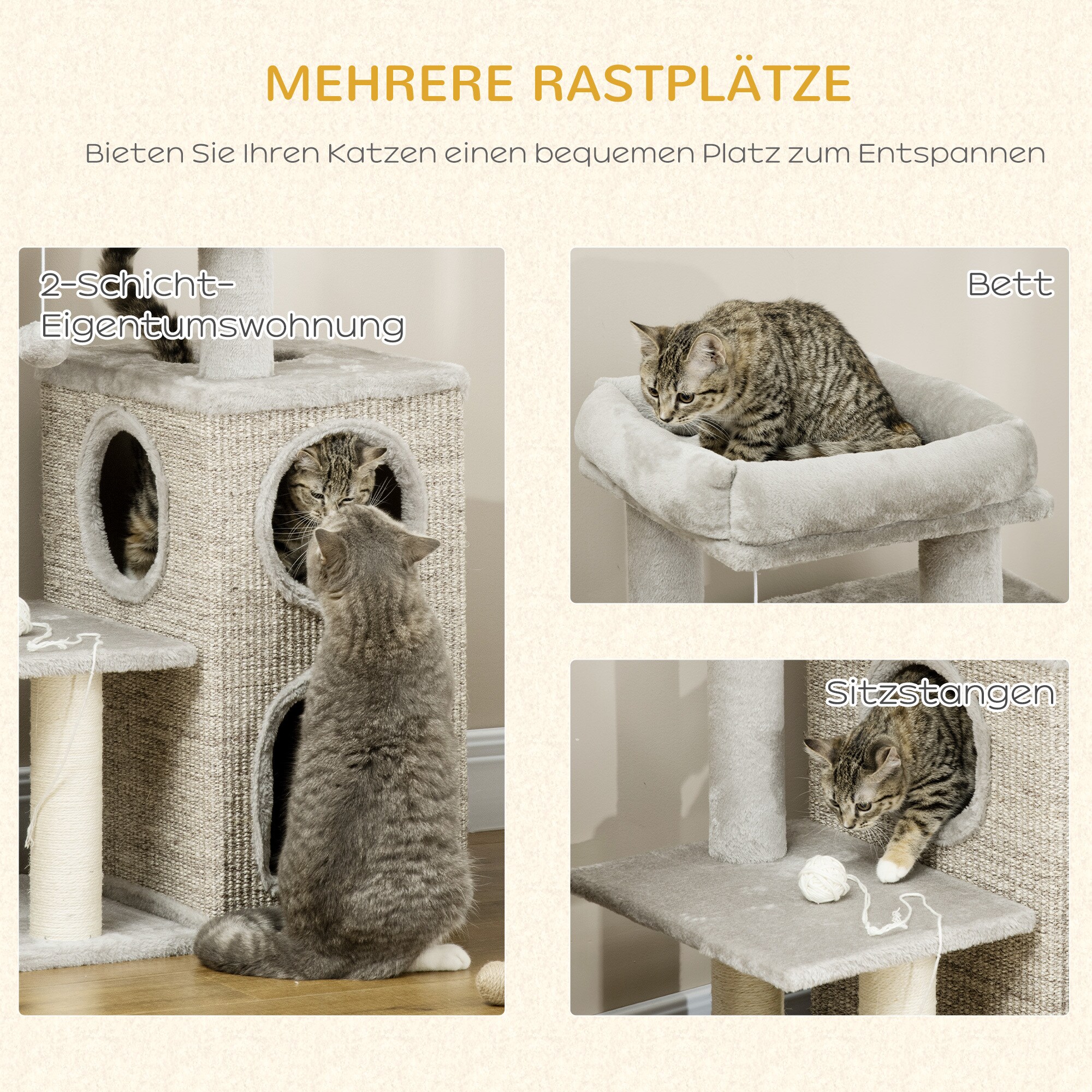 PawHut Kratzbaum mitKatzenhöhle grau 60L x 40B x 91H cm