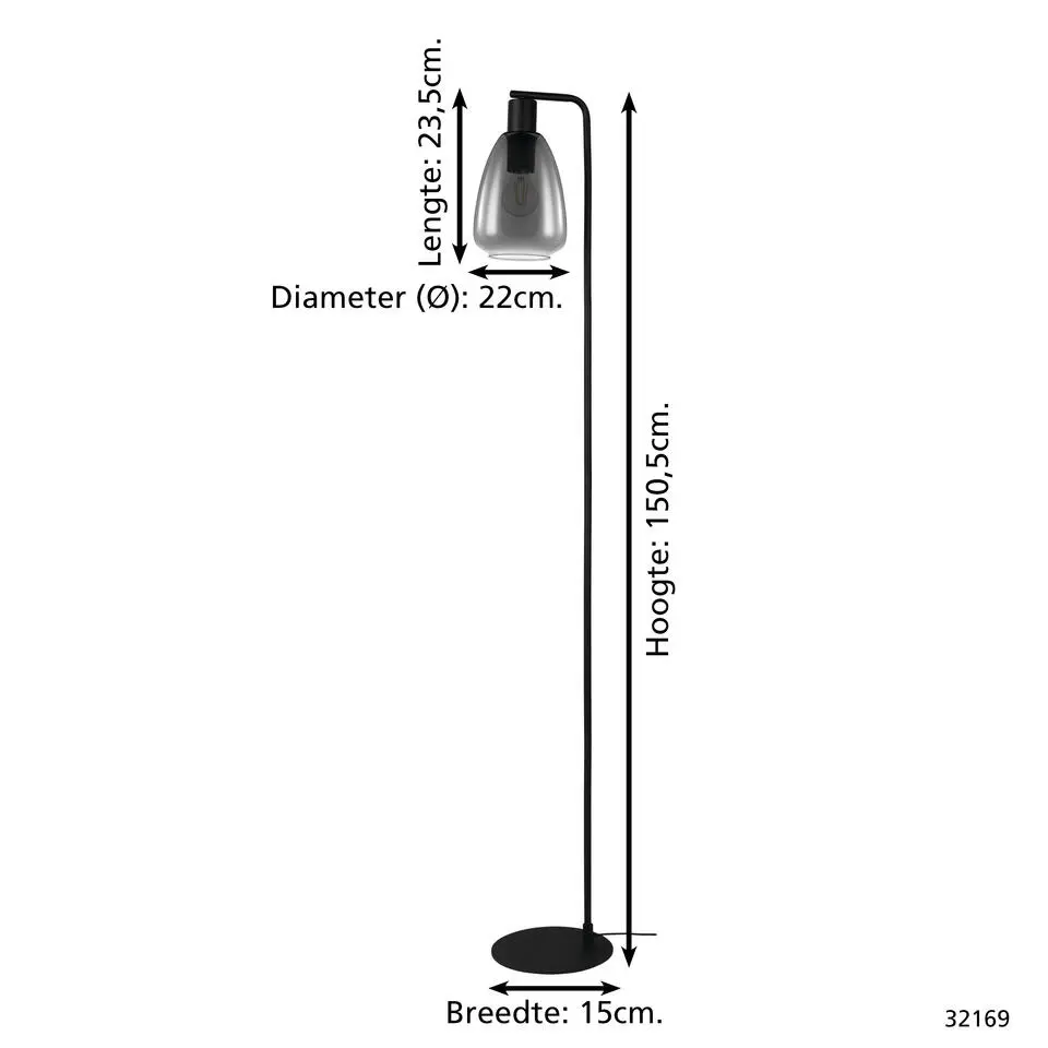 EGLOChelveyVloerlamp-E27-150,5cm-Rookglas