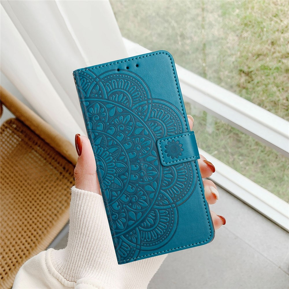 iPhone Air Leder Tasche Wallet - Mandala Flowers Imprint - Blau