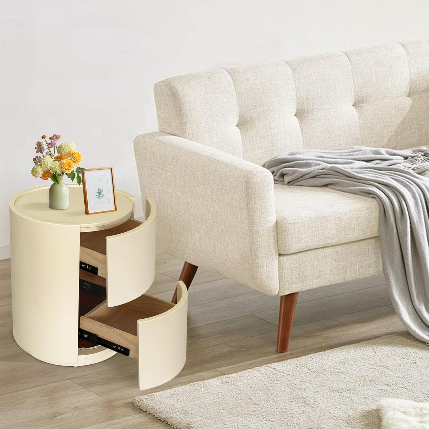 Nachttisch Rund mit 2 Schubladen, 40 cm breit, Moderner Leder-Nachttische, Nachtschrank aus Holz mit Stauraum, für Schlafzimmer Wohnzimmer, Beige