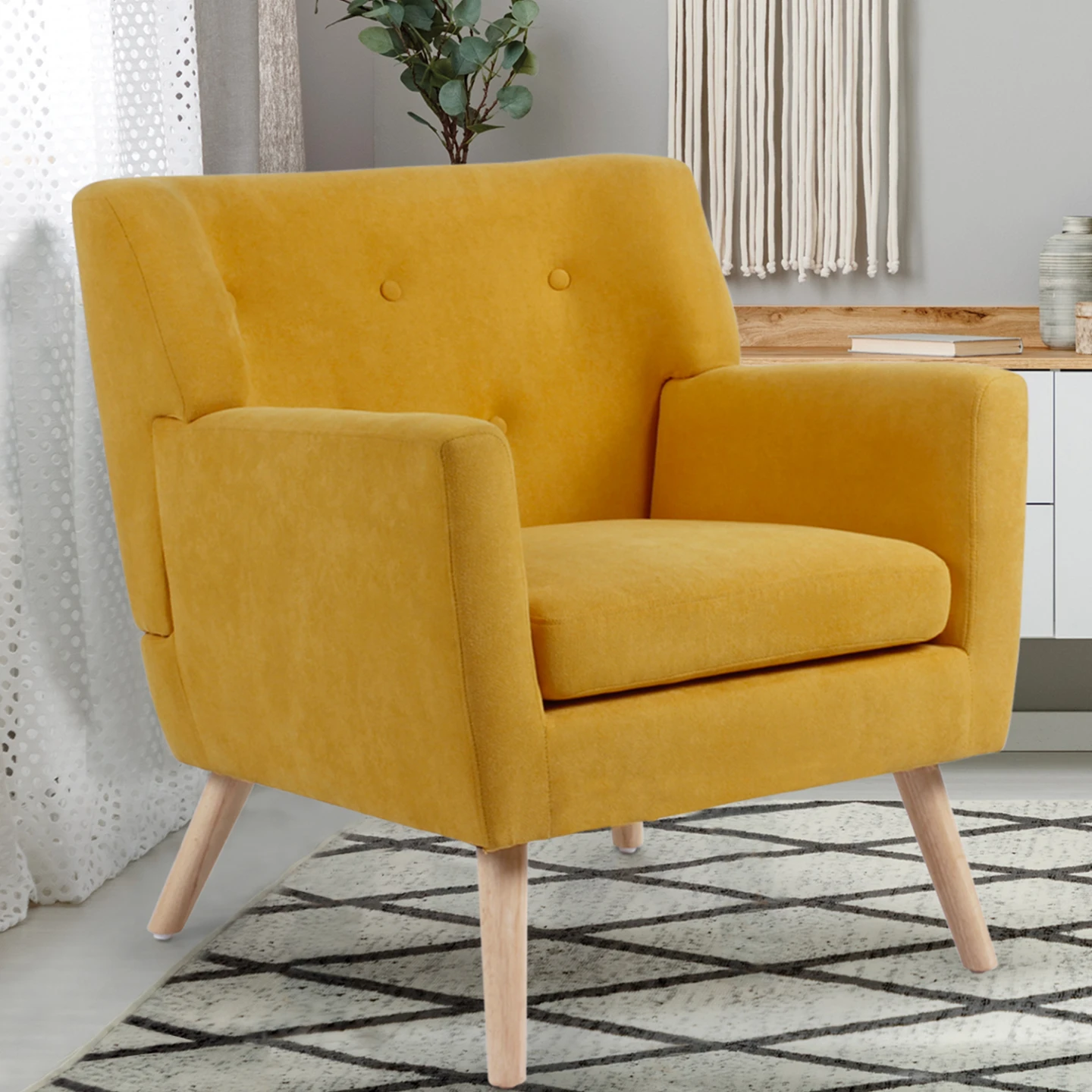 Fauteuil scandinave LIV en tissu jaune moutarde