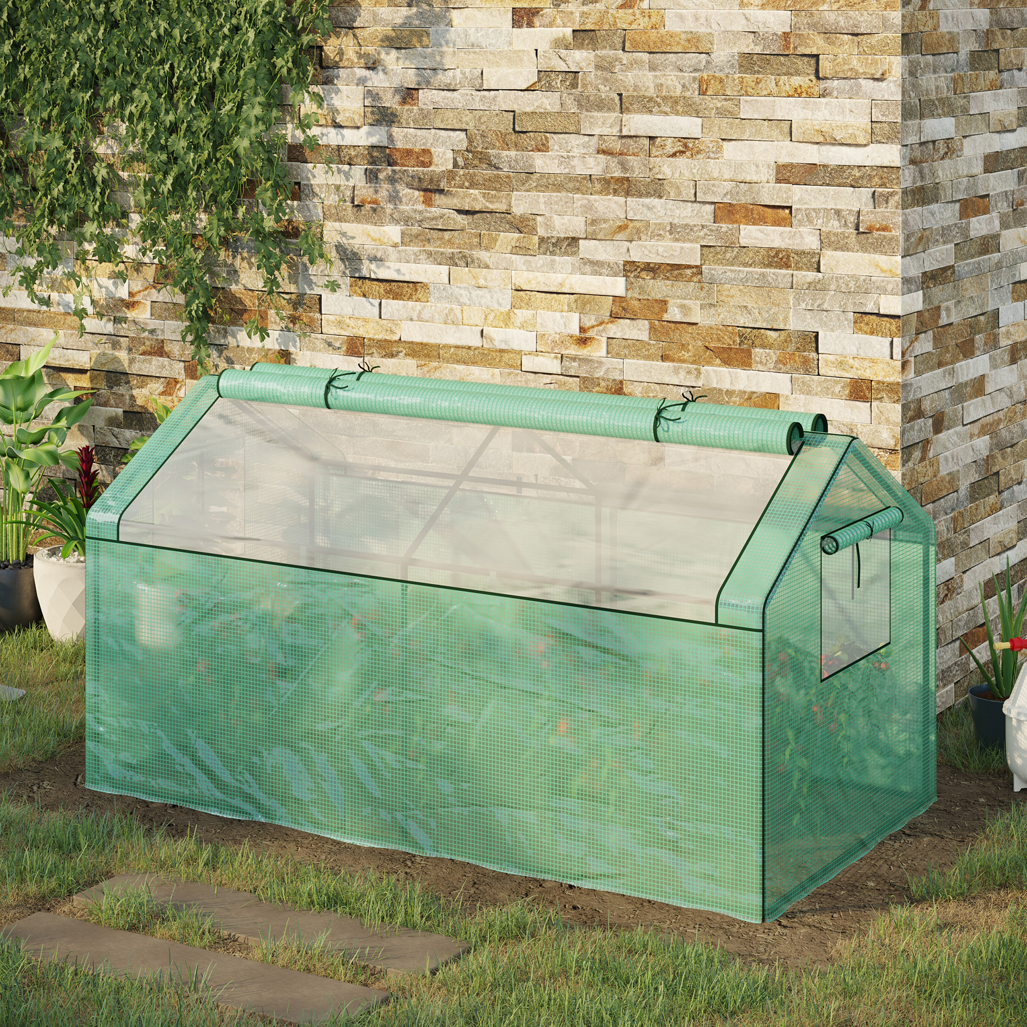Estufa Outsunny Terrace 180x92x92 cm, com 2 janelas de enrolar de camada dupla e estrutura metálica, ideal para cultivo doméstico de plantas e flores.