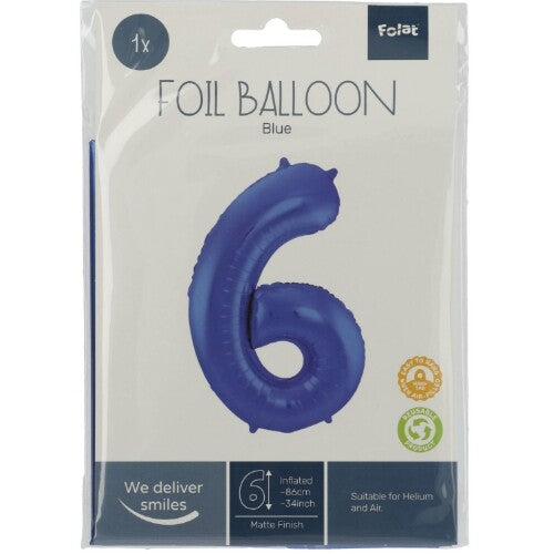 Cijferballon zes - metallic matblauw - 86 cm