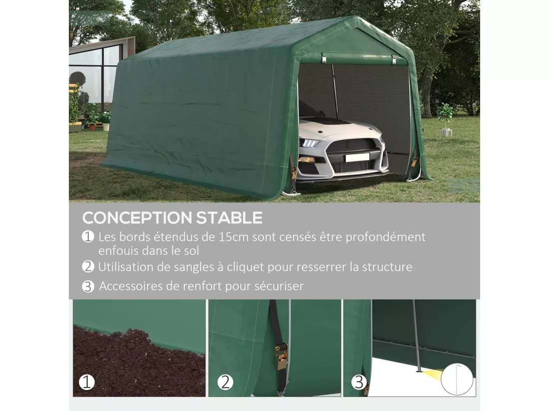 Tente garage carport dim. 6L x 3l x 2,62H m acier galvanisé PE haute densité 180 g/m² imperméable anti-UV vert