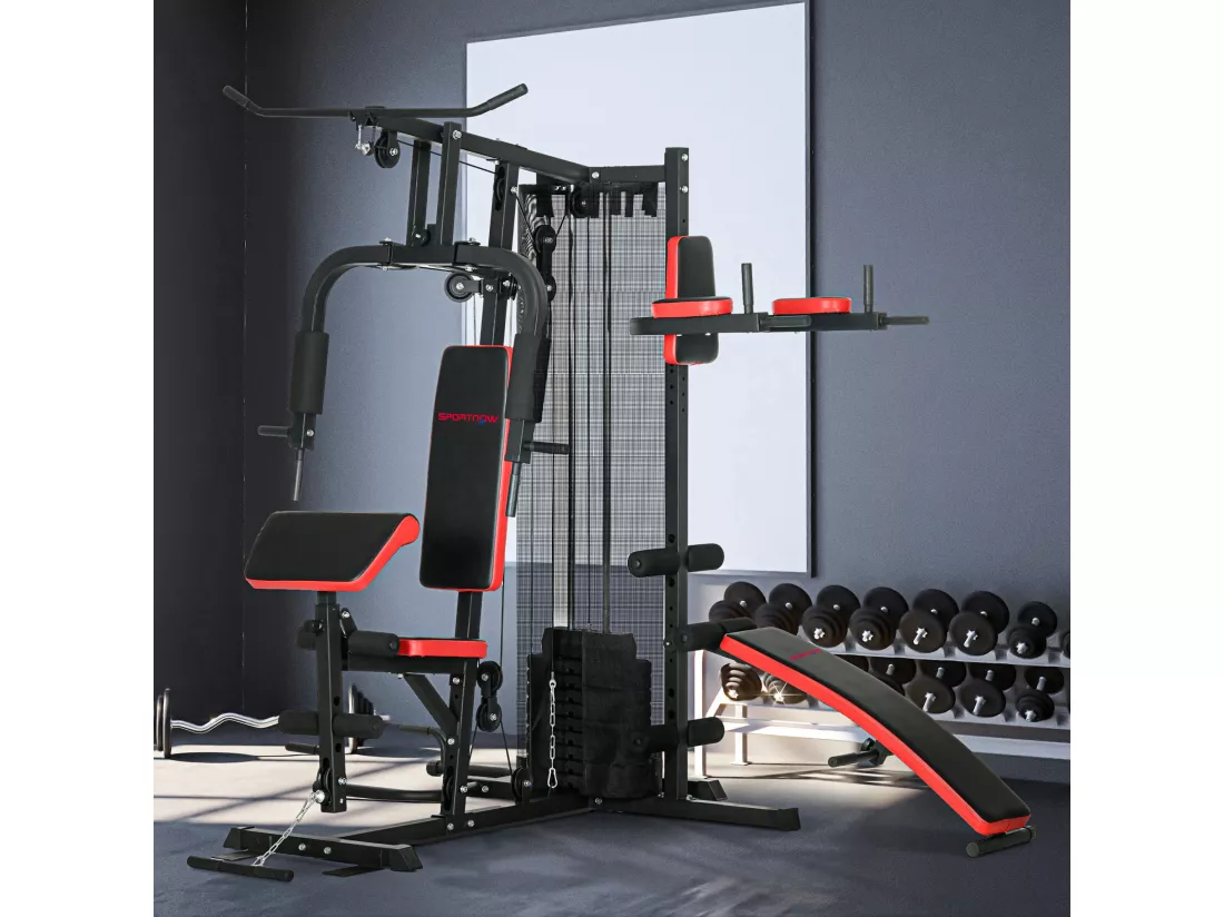 Station de musculation - banc, développé couché, butterfly, barre latissimus et traction, curler, bande résistance, 10 contrepoids - acier noir rouge