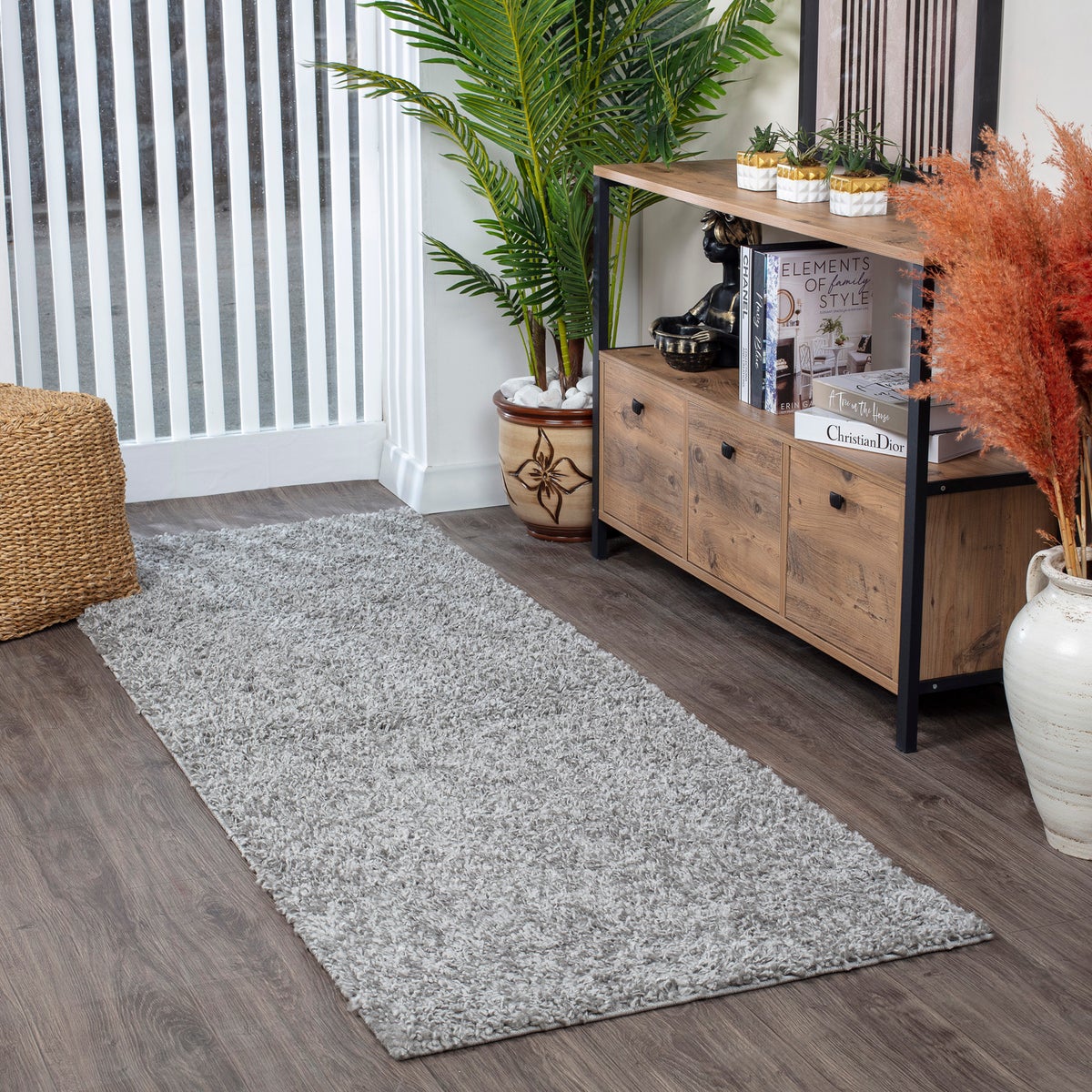 Modern hoogpolig shaggy vloerkleed voor in de hal, grijs, 80x220 cm, LILLY