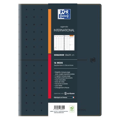 Agenda Oxford International - 16 mois - 1 semaine sur 2 pages - 16x24 cm - Colori Noir - Hamelin